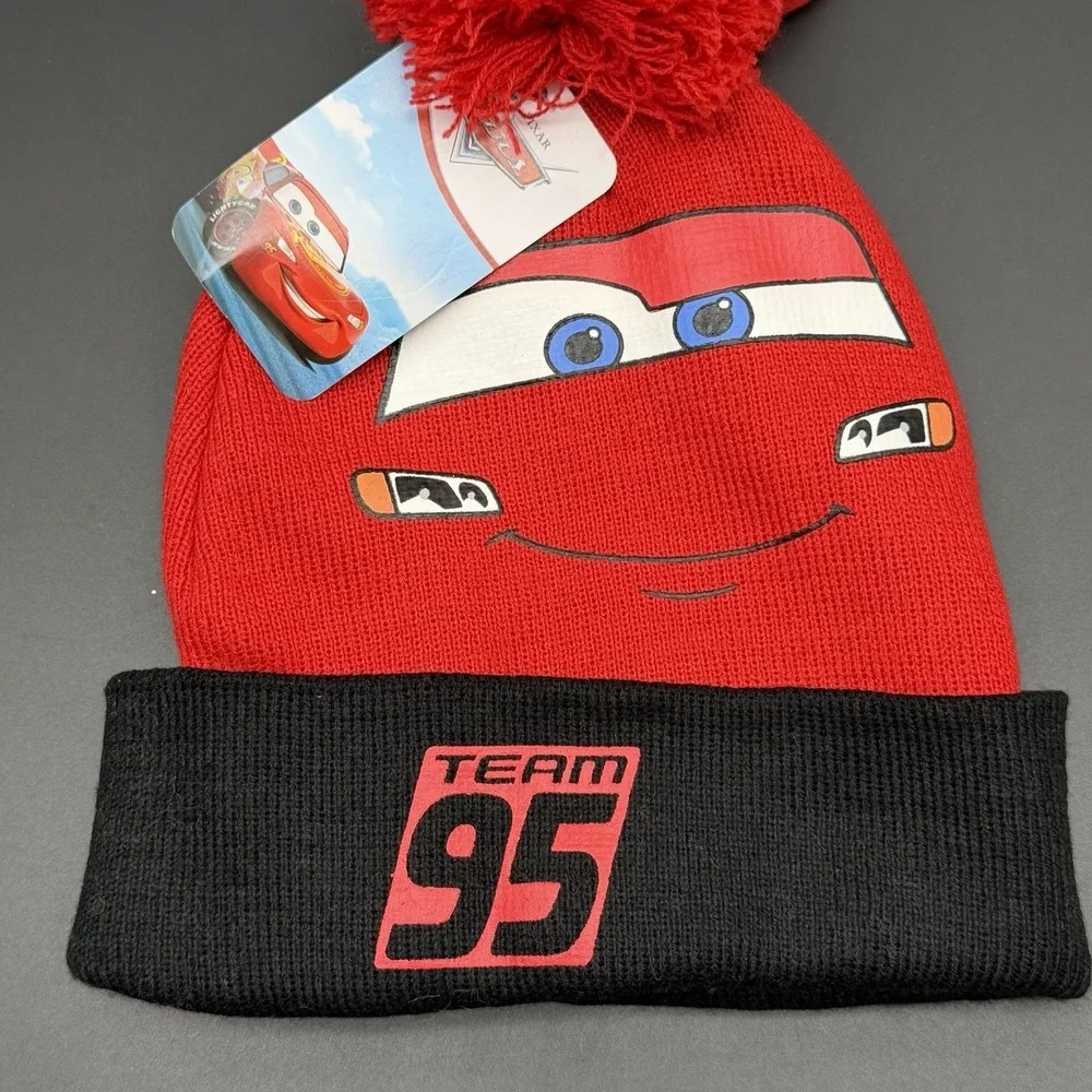 New Disney Boys Cars Lightning McQueen Beanie Hat Gloves Set Team 95 Red Pom